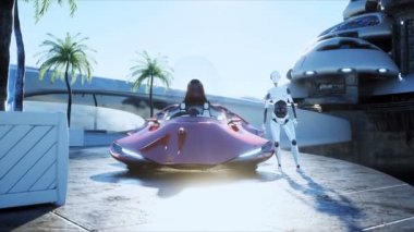 Dişi robot ve gelecekten gelen uçan araba. Bulutların üzerindeki fütürist şehir istasyonu. Gerçekçi 4k animasyonu.