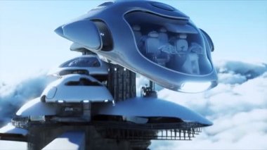 Fütürist gemi bulutlardaki fütürist üsse iniyor. Gerçekçi 4k animasyonu.