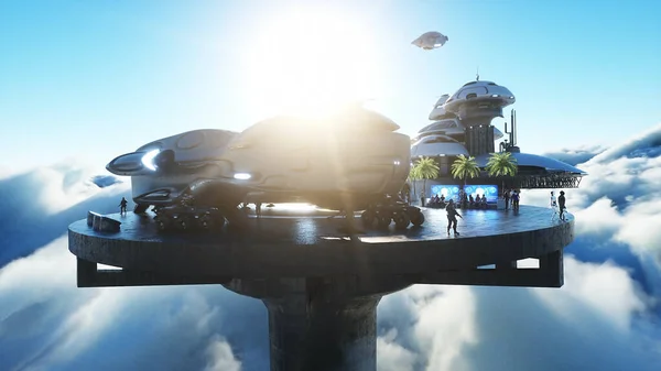 Estação de cidade futurista nas nuvens. Navios futuristas voadores. Conceito de futuro. Renderização 3d. — Fotografia de Stock