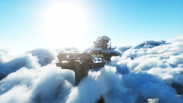 Estación futurista de la ciudad en las nubes. Naves futuristas voladoras. Concepto de futuro. renderizado 3d. — Foto de Stock