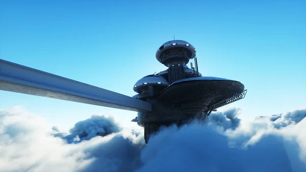 Estación futurista de la ciudad en las nubes. Naves futuristas voladoras. Concepto de futuro. renderizado 3d. —  Fotos de Stock