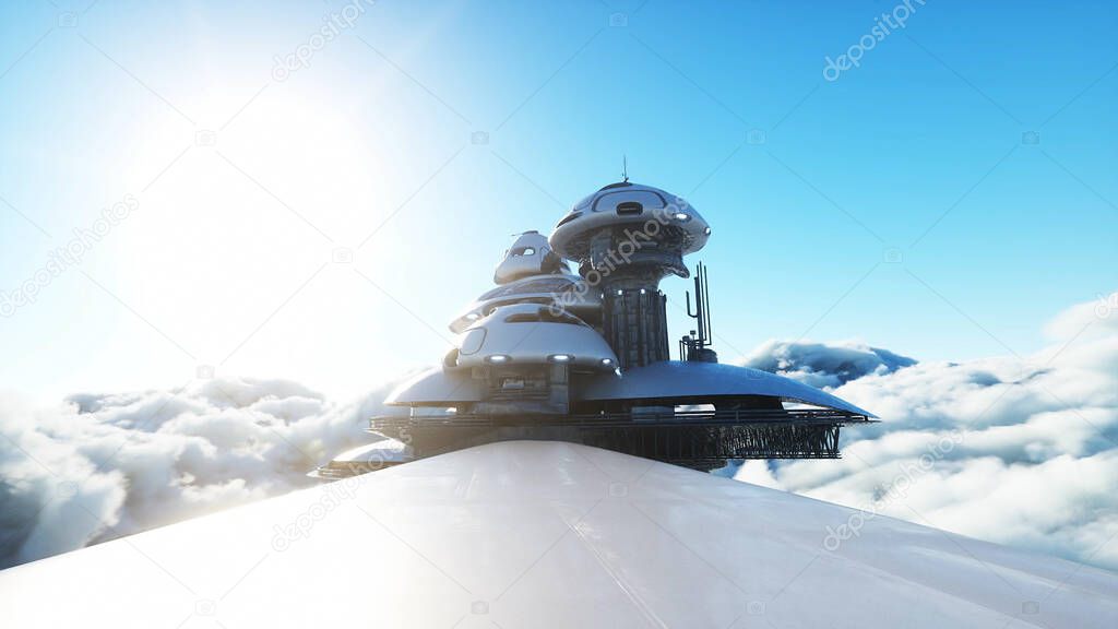 futuristic city station on the clouds. Flying futuristic ships. Concept of future. 3d rendering.