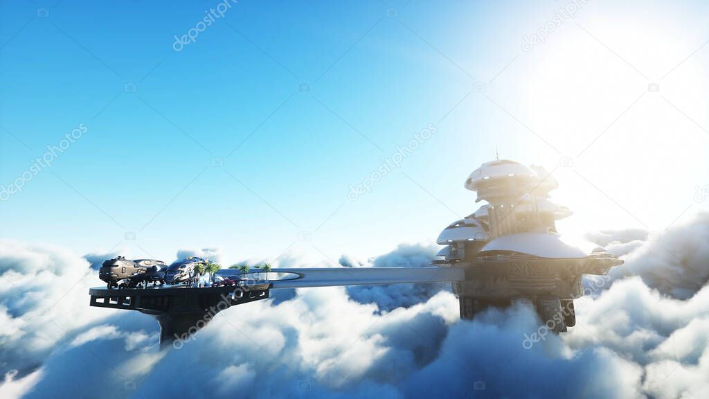 futuristic city station on the clouds. Flying futuristic ships. Concept of future. 3d rendering.