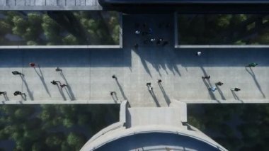 Tren ve raylı fütüristik tren istasyonu. İnsan trafiği, kalabalık. Somut mimari. Gelecek konsepti. Gerçekçi 4k animasyonu.