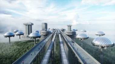 Tren ve raylı fütüristik tren istasyonu. İnsan trafiği, kalabalık. Somut mimari. Gelecek konsepti. Gerçekçi 4k animasyonu.