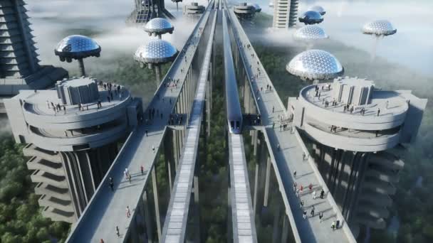 Φουτουριστικό σιδηροδρομικό σταθμό με monorail και τρένο. κίνηση των ανθρώπων, πλήθος. Τσιμεντένια αρχιτεκτονική. Μελλοντική ιδέα. Ρεαλιστικό animation 4k. — Αρχείο Βίντεο