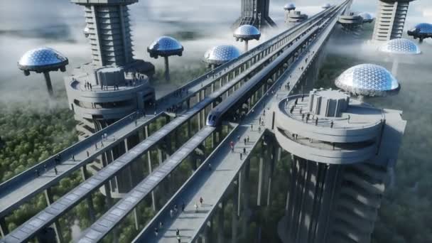 모노레일과 기차가 있는 미래형 기차역. 사람들의 교통입니다. 콘크리트 건축. 미래 개념. 현실적 인 4k 애니메이션. — 비디오