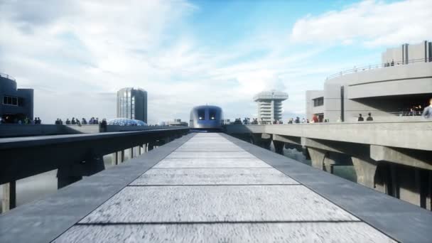 모노레일과 기차가 있는 미래형 기차역. 사람들의 교통입니다. 콘크리트 건축. 미래 개념. 현실적 인 4k 애니메이션. — 비디오