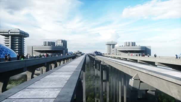 Futuristisk tågstation med monorail och tåg. trafik av människor, folkmassa. Betongarkitektur. Framtida koncept. Realistisk 4k-animation. — Stockvideo