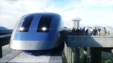 Tren ve raylı fütüristik tren istasyonu. İnsan trafiği, kalabalık. Somut mimari. Gelecek konsepti. Gerçekçi 4k animasyonu.