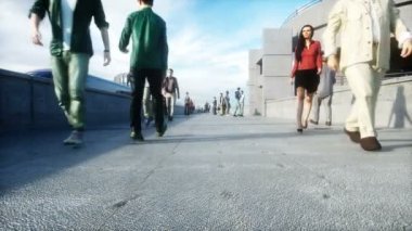 Tren ve raylı fütüristik tren istasyonu. İnsan trafiği, kalabalık. Somut mimari. Gelecek konsepti. Gerçekçi 4k animasyonu.