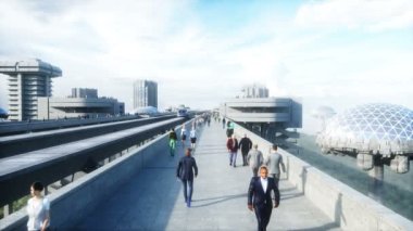 Tren ve raylı fütüristik tren istasyonu. İnsan trafiği, kalabalık. Somut mimari. Gelecek konsepti. Gerçekçi 4k animasyonu.