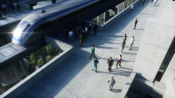 Futuristic train station with monorail and train. traffic of people, crowd. Concrete architecture. Future concept. Realistic 4k animation. — Stock Video