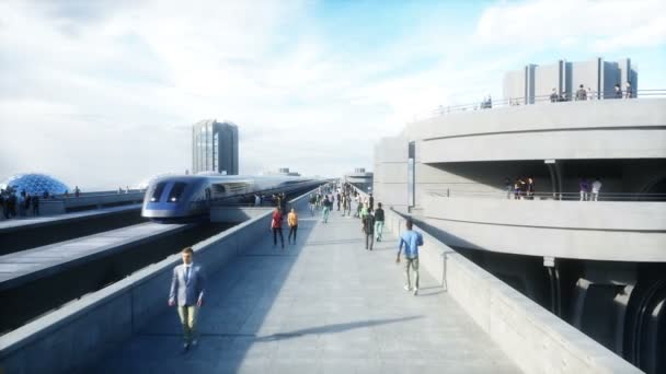 Gara futuristă cu monorail și tren. trafic de oameni, mulţime. Arhitectura betonului. Conceptul viitor. Animație realistă 4k . — Videoclip de stoc