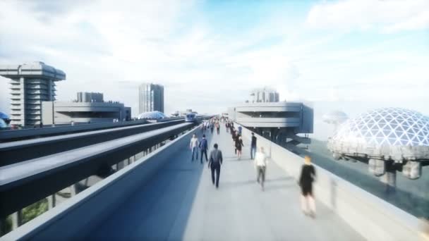 モノレールや電車で未来の駅。人の往来だ群衆。具体的な建築。未来のコンセプト。現実的な4kアニメーション. — ストック動画