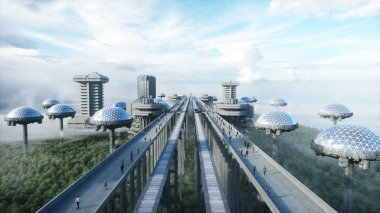 Tren ve raylı fütüristik tren istasyonu. İnsan trafiği, kalabalık. Somut mimari. Gelecek konsepti. 3d oluşturma.