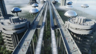 Tren ve raylı fütüristik tren istasyonu. İnsan trafiği, kalabalık. Somut mimari. Gelecek konsepti. 3d oluşturma.