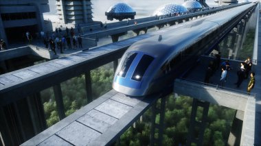 Tren ve raylı fütüristik tren istasyonu. İnsan trafiği, kalabalık. Somut mimari. Gelecek konsepti. 3d oluşturma.