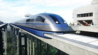 Tren ve raylı fütüristik tren istasyonu. İnsan trafiği, kalabalık. Somut mimari. Gelecek konsepti. 3d oluşturma.