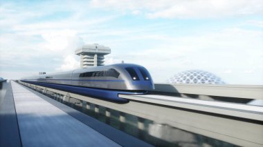 Tren ve raylı fütüristik tren istasyonu. İnsan trafiği, kalabalık. Somut mimari. Gelecek konsepti. 3d oluşturma.