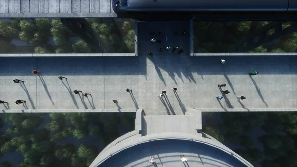 Futurista estación de tren con monorriel y tren. tráfico de personas, multitud. Arquitectura de hormigón. Concepto futuro. renderizado 3d. — Foto de Stock