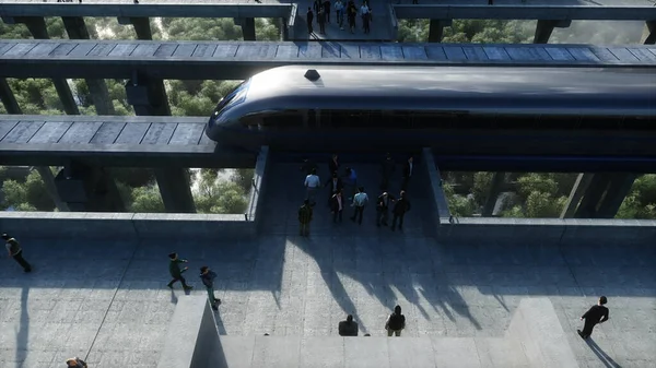 Futuristisch treinstation met monorail en trein. mensenhandel, menigte. Betonnen architectuur. Toekomstconcept. 3d destructie. — Stockfoto