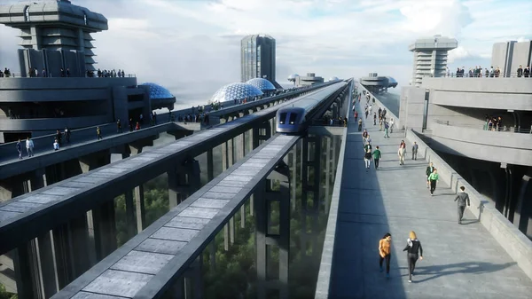 Futurista estación de tren con monorriel y tren. tráfico de personas, multitud. Arquitectura de hormigón. Concepto futuro. renderizado 3d. — Foto de Stock