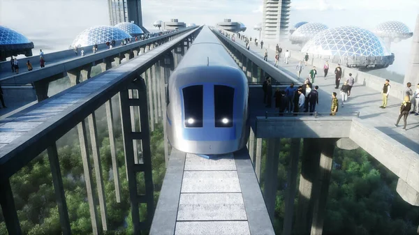 futuristic train station with monorail and train. traffic of people, crowd. Concrete architecture. Future concept. 3d rendering.