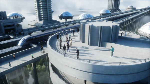 futuristic train station with monorail and train. traffic of people, crowd. Concrete architecture. Future concept. 3d rendering.