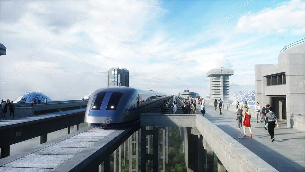 futuristic train station with monorail and train. traffic of people, crowd. Concrete architecture. Future concept. 3d rendering.