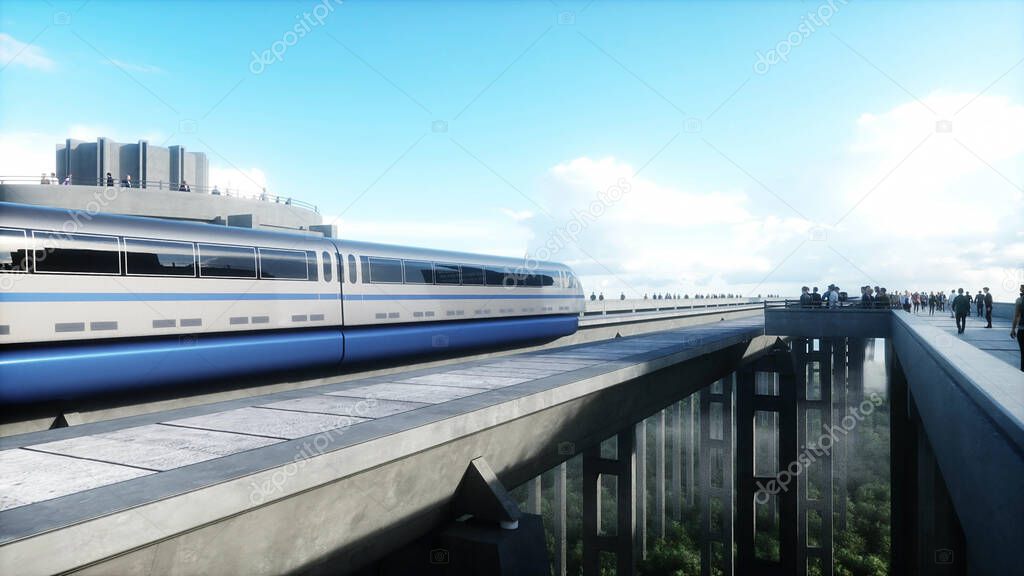 futuristic train station with monorail and train. traffic of people, crowd. Concrete architecture. Future concept. 3d rendering.