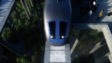 Tren ve raylı fütüristik tren istasyonu. İnsan trafiği, kalabalık. Somut mimari. Gelecek konsepti. Gerçekçi 4k animasyonu.