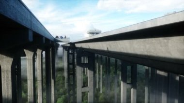 Tren ve raylı fütüristik tren istasyonu. İnsan trafiği, kalabalık. Somut mimari. Gelecek konsepti. Gerçekçi 4k animasyonu.