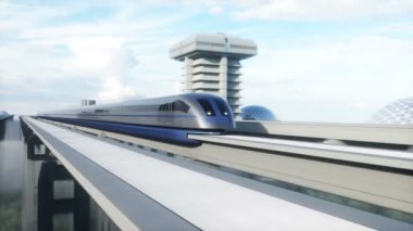 Tren ve raylı fütüristik tren istasyonu. İnsan trafiği, kalabalık. Somut mimari. Gelecek konsepti. Gerçekçi 4k animasyonu.