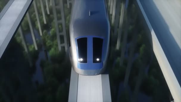 Φουτουριστικό σιδηροδρομικό σταθμό με monorail και τρένο. κίνηση των ανθρώπων, πλήθος. Τσιμεντένια αρχιτεκτονική. Μελλοντική ιδέα. Ρεαλιστικό animation 4k. — Αρχείο Βίντεο