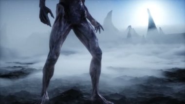 Yabancı gezegendeki uzaylı. Mars yüzeyi. UFO konsepti. Gerçekçi 4k animasyonu.