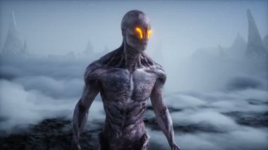 Yabancı gezegendeki uzaylı. Mars yüzeyi. UFO konsepti. Gerçekçi 4k animasyonu.