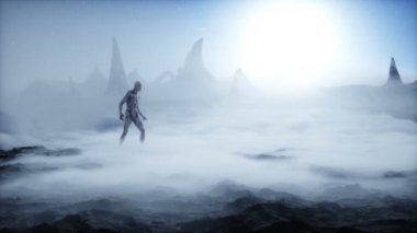 Yabancı gezegendeki uzaylı. Mars yüzeyi. UFO konsepti. Gerçekçi 4k animasyonu.