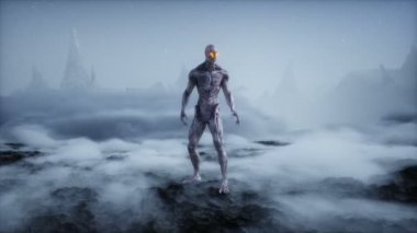 Yabancı gezegendeki uzaylı. Mars yüzeyi. UFO konsepti. Gerçekçi 4k animasyonu.