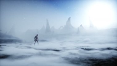 Yabancı gezegendeki uzaylı. Mars yüzeyi. UFO konsepti. Gerçekçi 4k animasyonu.