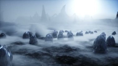 Uzaylı yumurtaları yabancı gezegende. Mars yüzeyi. UFO konsepti. Gerçekçi 4k animasyonu.