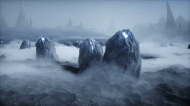 Uzaylı yumurtaları yabancı gezegende. Mars yüzeyi. UFO konsepti. Gerçekçi 4k animasyonu.