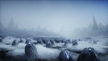 Uzaylı yumurtaları yabancı gezegende. Mars yüzeyi. UFO konsepti. Gerçekçi 4k animasyonu.