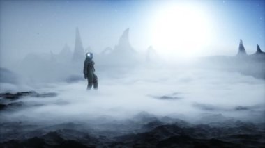 Yabancı gezegendeki astronot. Mars yüzeyi. Uzay yolculuğu. Gerçekçi 4k animasyonu.