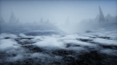 Yabancı gezegen yüzeyi. Uzay yolculuğu konsepti. Gerçekçi 4k animasyonu.