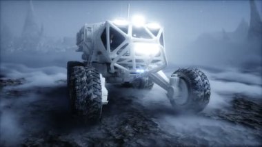 Yabancı gezegende bir araç. Mars yüzeyi. Gerçekçi 3D animasyon.