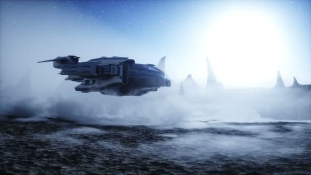Futurystyczny statek lądujący na obcej planecie. Powierzchnia Marsa. Realistyczna animacja 4k. — Wideo stockowe