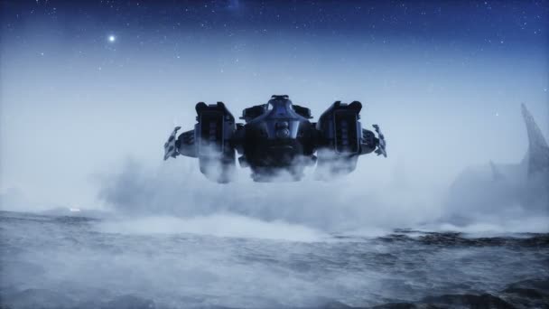 Futuristisch schip dat landt op een buitenaardse planeet. Mars oppervlak. Realistische 4k animatie. — Stockvideo
