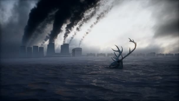 生態汚染の概念。暗い雰囲気だ。鹿の骨格。生態学的問題。工場の煙. — ストック動画