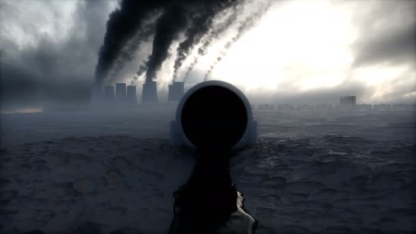 Olajjal szennyezett cső és ökológia szennyezés. Gyári sötét füst. Ökológiai probléma koncepció. Realisztikus 4k animáció. — Stock videók